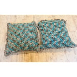 Handmade crocheted rustic farmhouse‎ decorative pillows with ruffled edges.